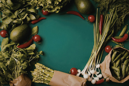 A vibrant arrangement of fresh vegetables, including leafy greens, chili peppers, tomatoes, and more, set against a solid green background.の写真素材