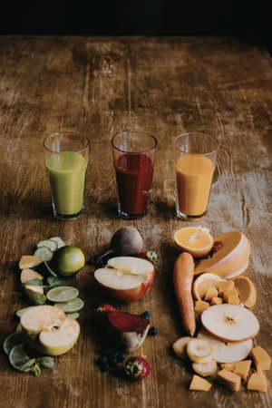 Three glasses of juice and various fruits and vegetables on a wooden tableの写真素材