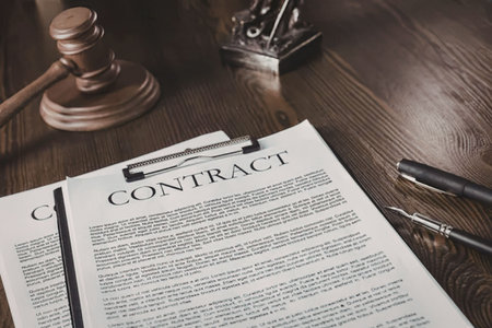 A contract document on a clipboard with a gavel, pen, and stamp on a wooden desk.