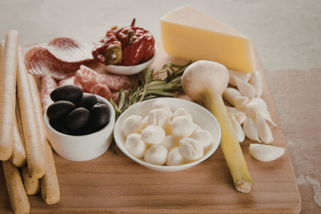 A wooden board with various Italian delicacies including cheese, meats, olives, and breadsticks.の写真素材