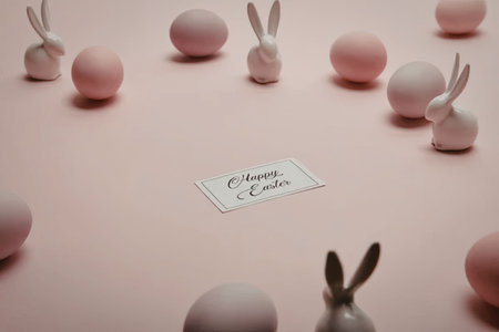 An arrangement of pink Easter eggs with small toy bunnies on a pink background with a Easter card