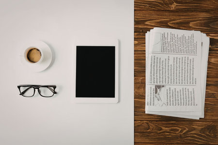 The image shows two scenes. On the left, a cup of coffee, a pair of glasses, and an e-reader are...