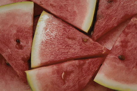 A close-up image of fresh watermelon slices arranged in a circular pattern, showcasing their vibrant...
