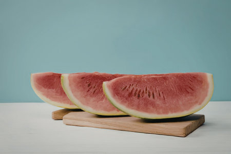 Three slices of watermelon on a wooden cutting boardの写真素材