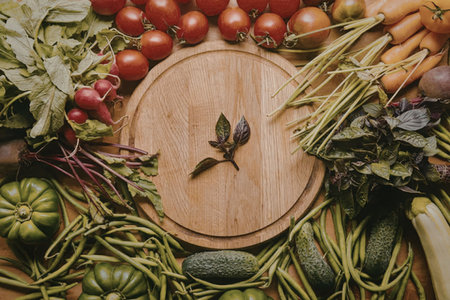 A variety of colorful vegetables arranged around a wooden cutting board