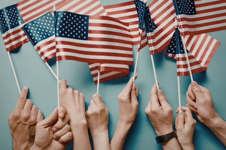 A group of people holding American flags in a unified display of patriotism and solidarity.