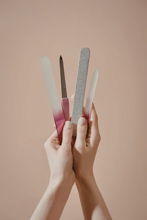 A pair of hands holding three nail files against a peach background