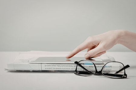 A hand interacting with a mobile device and a pair of glasses on a white desk