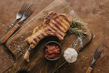 A grilled pork chop on a wooden cutting board with herbs, spices, and a side of sauce.の写真素材