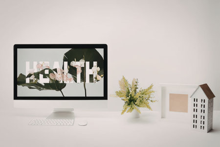 A modern workspace with a computer monitor, a small potted plant, a picture frame, and a miniature...