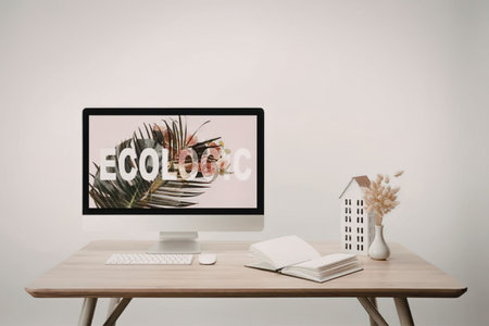 A modern workspace with a computer monitor displaying an eco-friendly theme, a wooden desk, and a vase with dried flowers.の写真素材