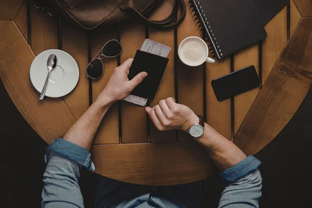 a man sitting at a wooden table with a phone, coffee, and other items