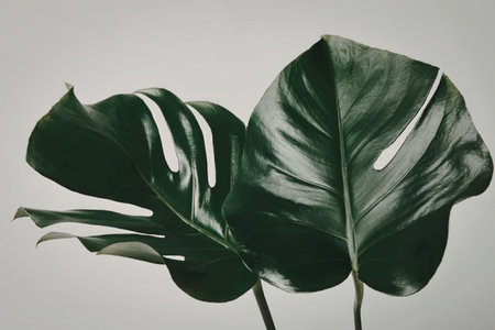 A close-up view of Monstera deliciosa leaves against a light gray background, showcasing their...