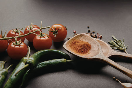A wooden spoon with red spice powder, surrounded by fresh tomatoes on the vine, green chili peppers,...