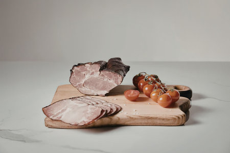 A wooden cutting board with sliced meat and tomatoes
