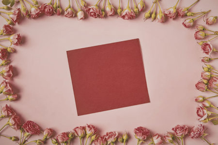 A square red card is placed on a pink background, surrounded by a border of pink roses.