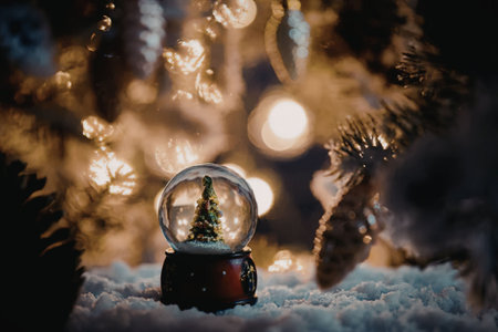 A snow globe with a small Christmas tree inside sits on a snowy surface, surrounded by blurred...