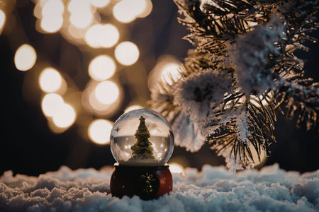 A snow globe with a small Christmas tree inside sits on snowy ground next to a snow-covered pine branch, with blurred lights in the background.の写真素材