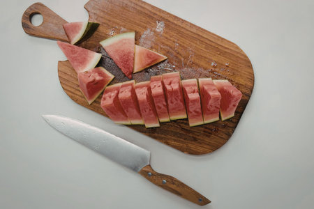 A sliced watermelon on a wooden cutting board with a knife.