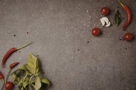 An arrangement of chili peppers, cherry tomatoes, garlic, and herbs on a gray surface.