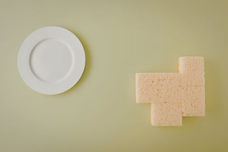 A green background with a yellow sponge next to a white plate