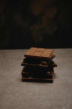 A stack of chocolate bars on a table with a dark background