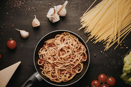 A pan of spaghetti with tomato sauce surrounded by ingredients like garlic, cherry tomatoes, and raw spaghettiの写真素材