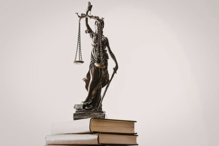 A bronze statue of the goddess of justice standing on a stack of books, holding a scale and a sword.