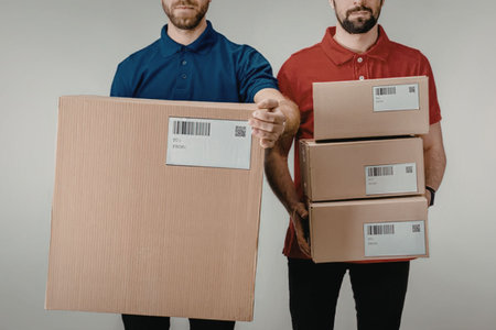 Two men in polo shirts holding cardboard boxes with barcodes, likely for delivery or shipping...