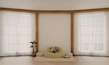 A peaceful room with a green bean bagの写真素材