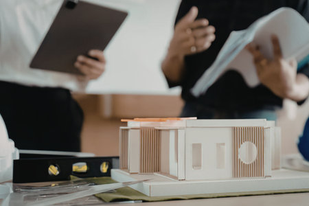 Architects reviewing building model and plansの写真素材