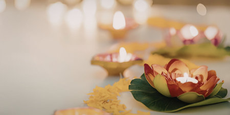 Beautiful diwali decorations with lotus shaped diyasの写真素材