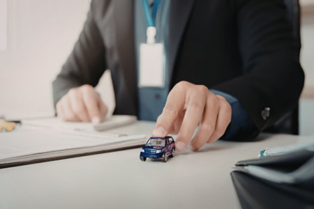 Businessman playing with a small car on desk