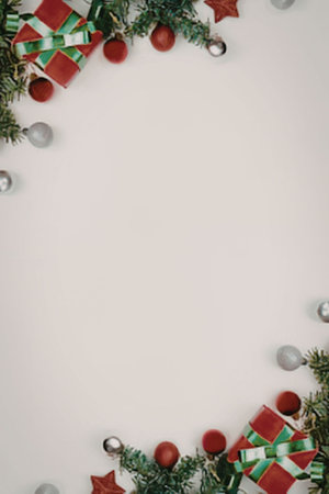 Christmas decoration border with ornaments and gifts