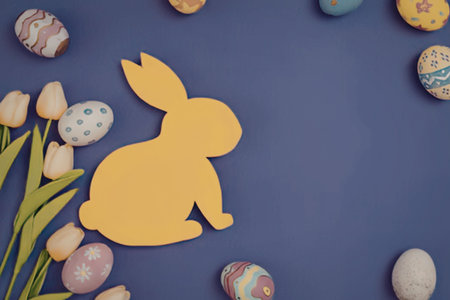 Easter bunny and eggs on purple background
