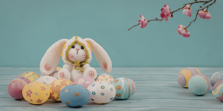 Easter bunny sitting with colorful eggs