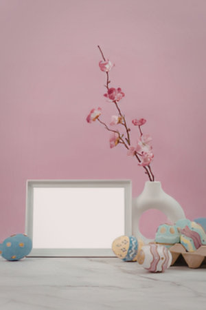 Easter decorations with frame and eggsの写真素材