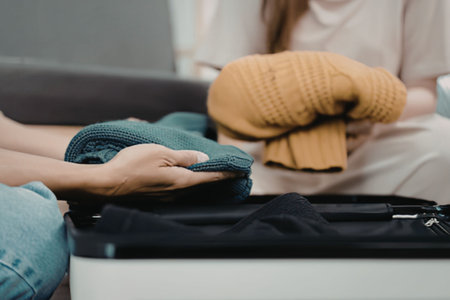 Hands folding and placing clothes in suitcase