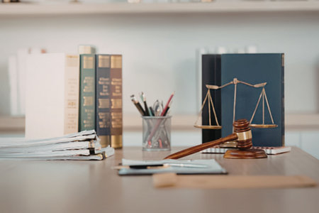 Lawyer's desk with legal documents and scales