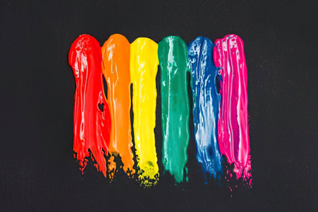 a collection of vibrant rainbow-colored paint strokes on a solid black background, resembling a rainbow