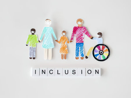 a diverse family with a disability symbolizes inclusion and equality for all people with a colorful pie chart representing diversity and the word inclusion below them