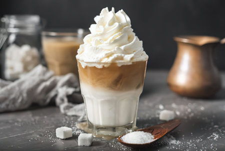 a glass of iced coffee topped with whipped cream and sugar on the side