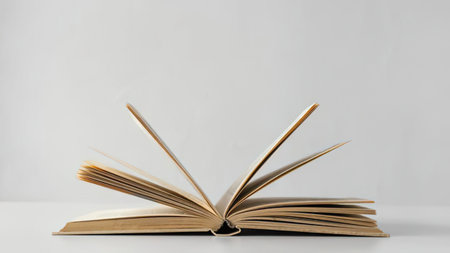 The image depicts an open book with yellowed pages, positioned on a white surface. The book is open to a page with its pages fanned out, revealing the interior. The background is a plain white wall, providing a clean and simple backdrop for the book.