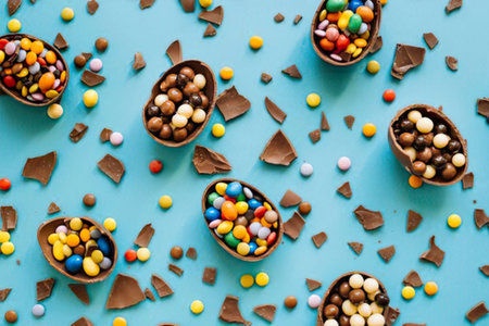 a collection of chocolate eggs filled with various colorful candies and chocolate chunks scattered on a light blue surface