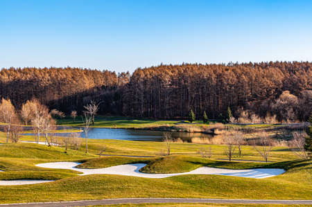 Autumn landscape of Jingyuetan golf course in Changchun, Chinaの写真素材