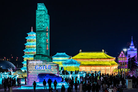 The snow and ice landscape under the night in Changchun Ice and Snow New World, Chinaのeditorial素材