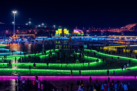 The snow and ice landscape under the night in Changchun Ice and Snow New World, Chinaのeditorial素材