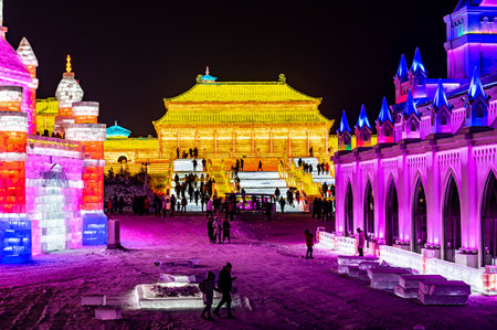 The snow and ice landscape under the night in Changchun Ice and Snow New World, Chinaのeditorial素材
