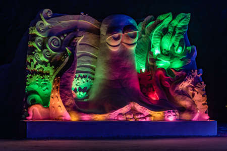 Night view of Snow World and light show along the way in Jingyuetan National Forest Park, Changchun, Chinaのeditorial素材