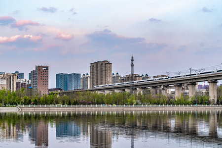 City and High-speed Rail-Landscape of Yitong River in Changchun, China